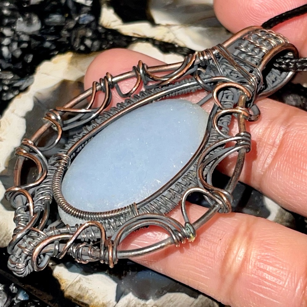 Copper Wire-Wrapped Blue Anhydrite Angelite Pendant 2 7/8”